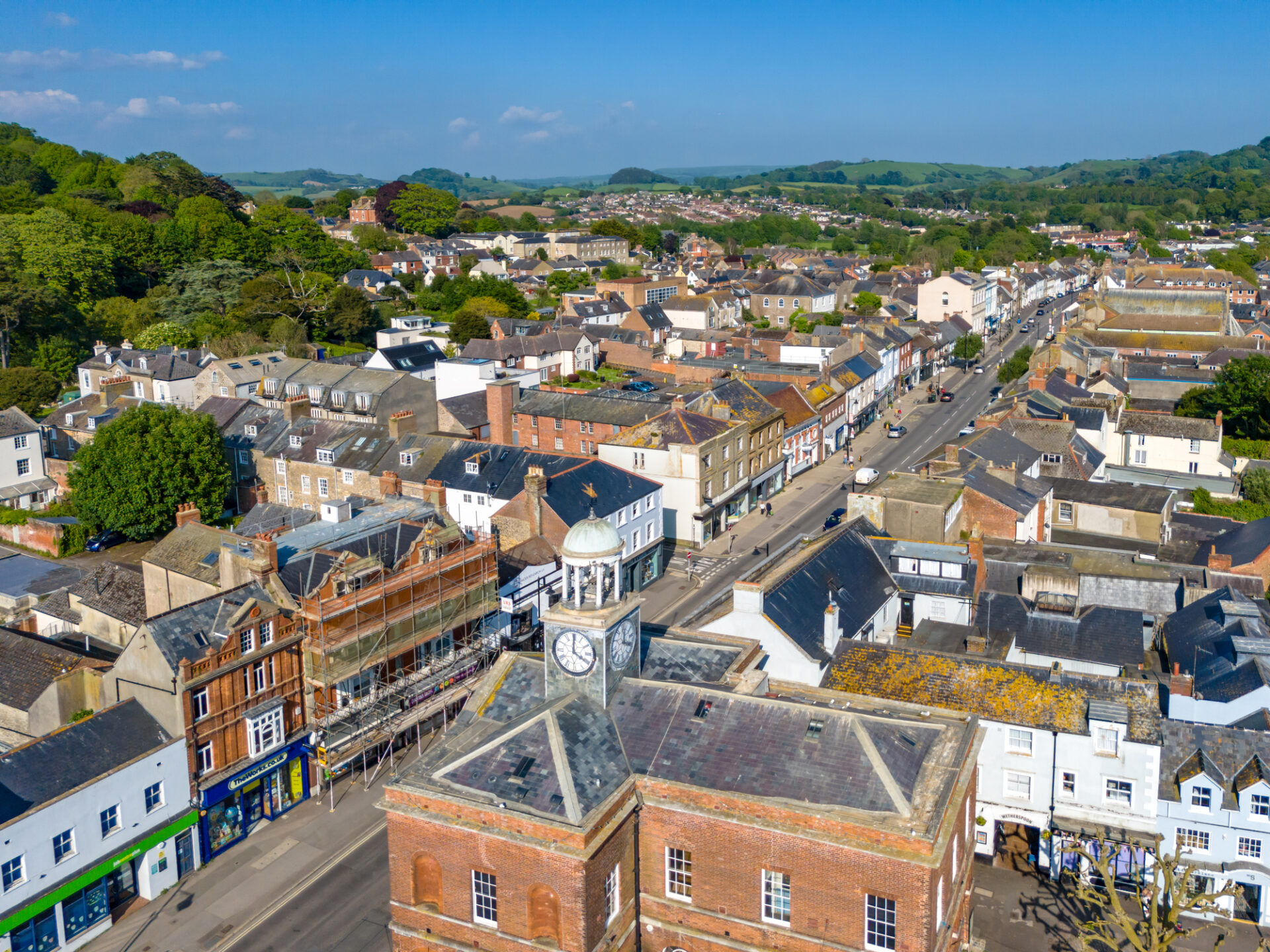Bridport Town Hall and shops in the town centre